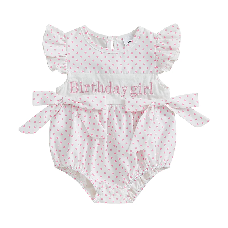 

Baby Girls Rompers Birthday Clothes Letter Embroidery Dot Print Fly Sleeve Infant Jumpsuits Bodysuits