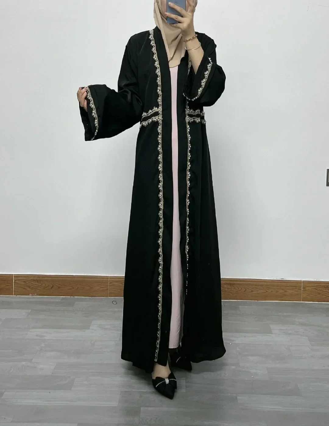 

Dubai Muslim Women's Dress Türkiye Islamic Embroidery Lace Nail Pearl Cardigan Gown Black Abayas for Women Robe Femme Musulmane