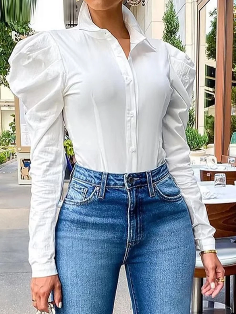 

Elegant Solid Color Long Sleeve Button Down Shirt For Women