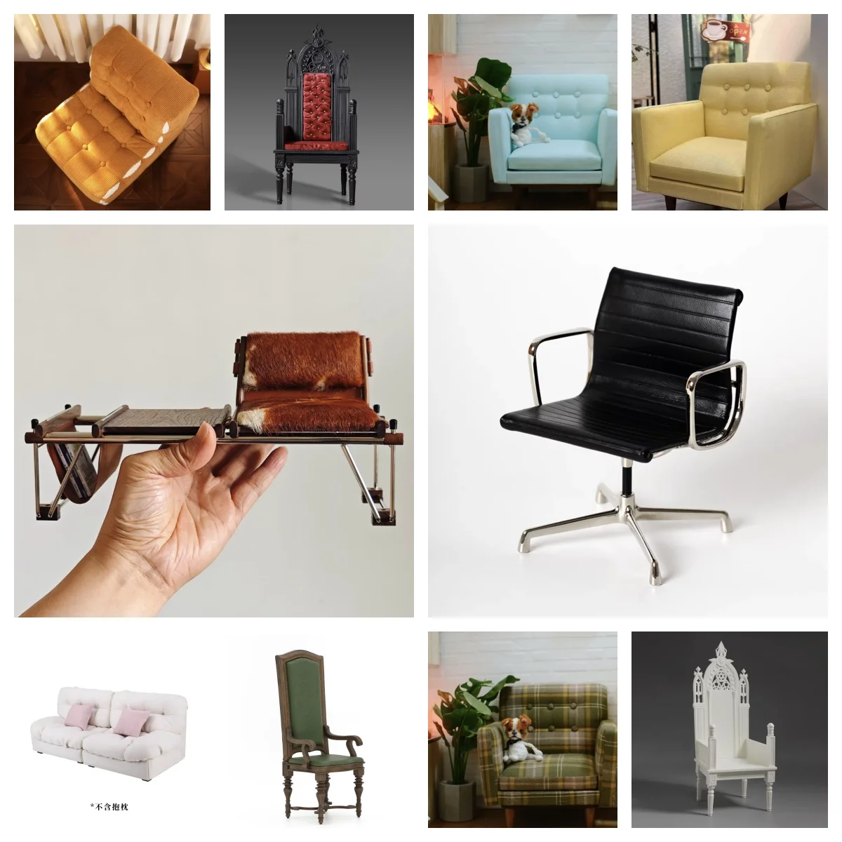 Designer Miniature Cloud Sofa & Eames Chair | 1:6 Scale Museum-Quality Replica for BJD Dollhouse Art Display & Sample Room Decor