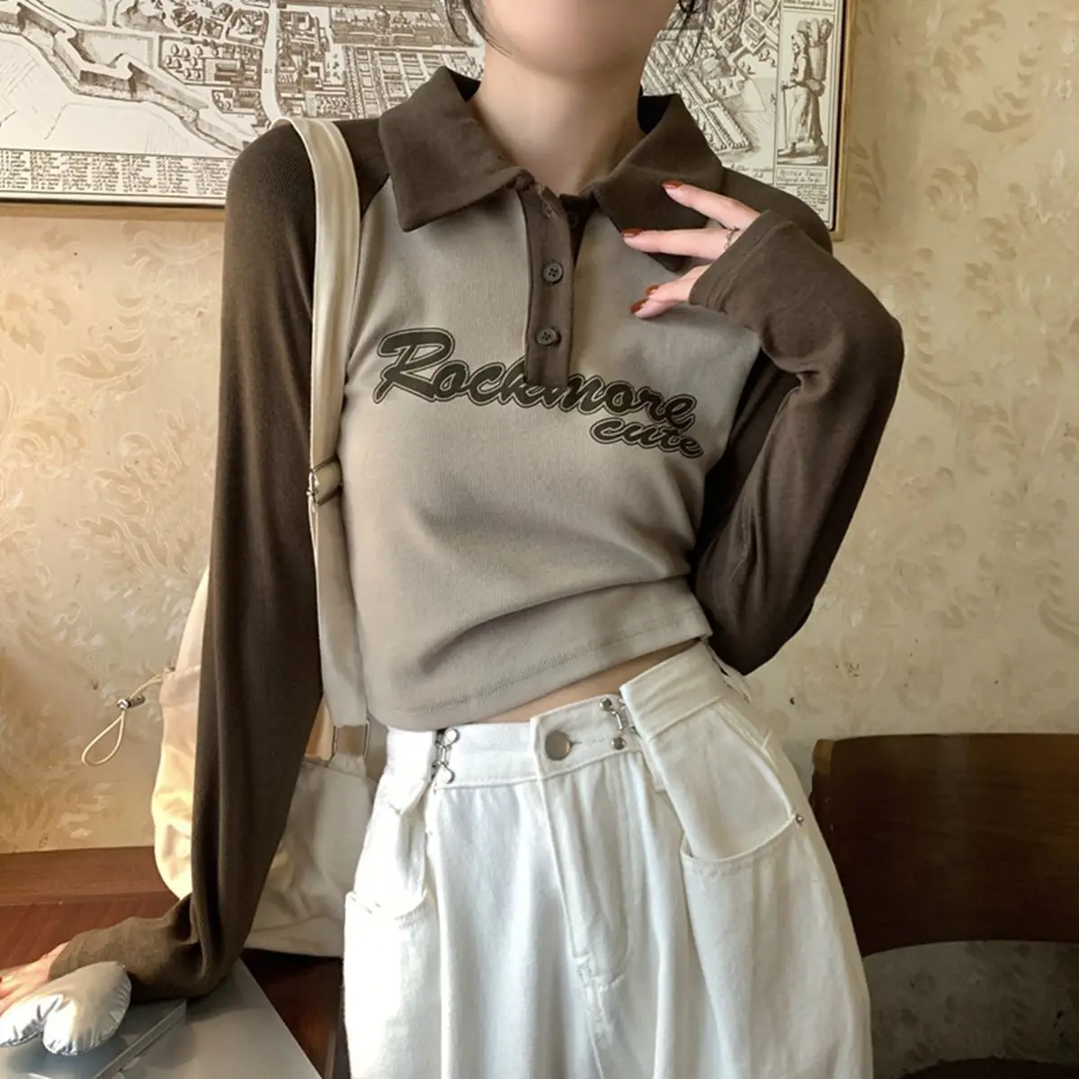 Women Vintage Color Block Raglan Long Sleeve Polo Collar Crop Top Autumn Winter Slim Fit Casual T-Shirt