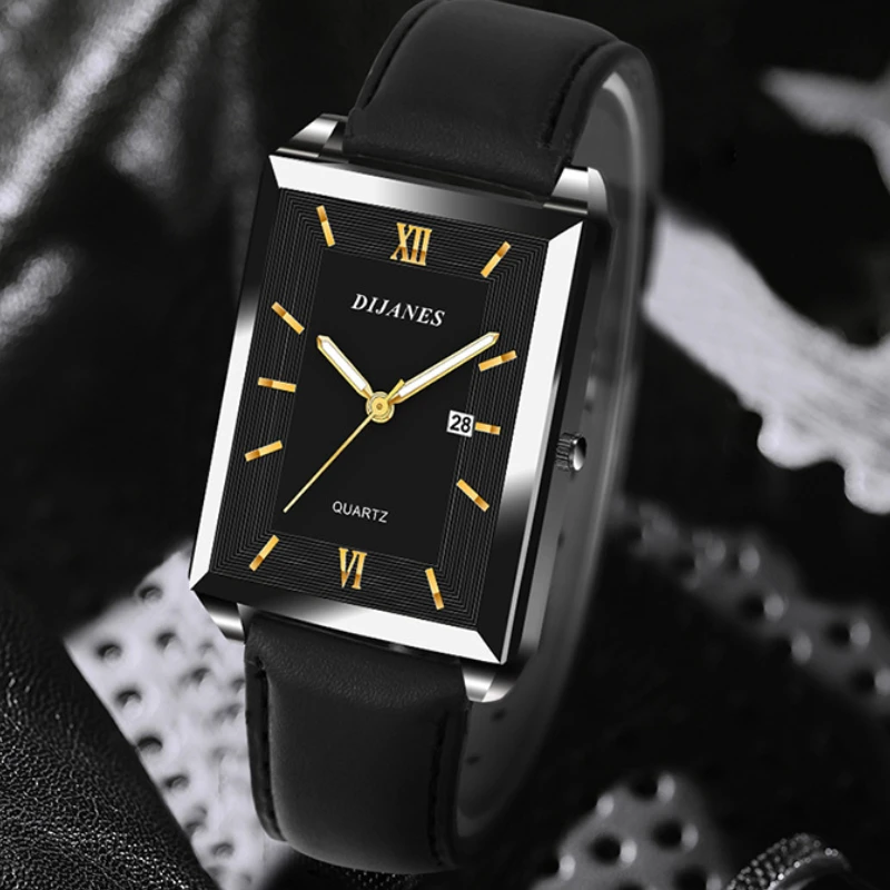 남성용 캐주얼 가죽 시계, 사각형 쿼츠 시계, 한국어 버전, 학생용 달력 시계, 새로운 패션