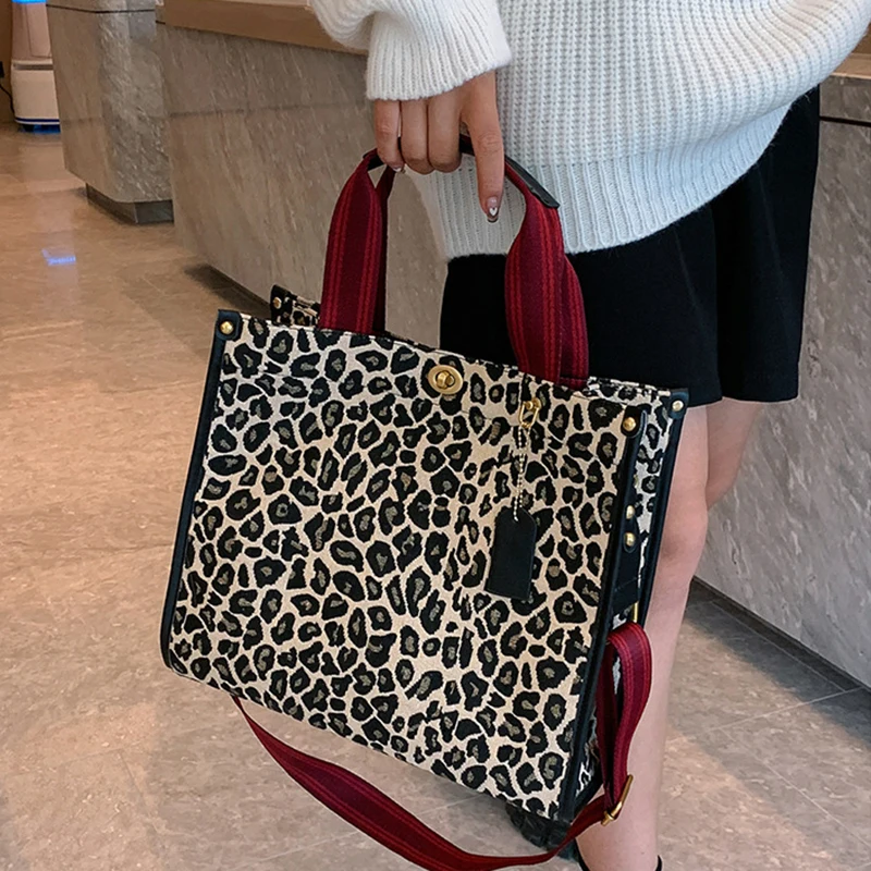 Women\'s Vintage Shoulder Bags Leopard Print Fashion Commuter Tote Bag Canvas Textured Lock Handbags High-capacity Travel Storage