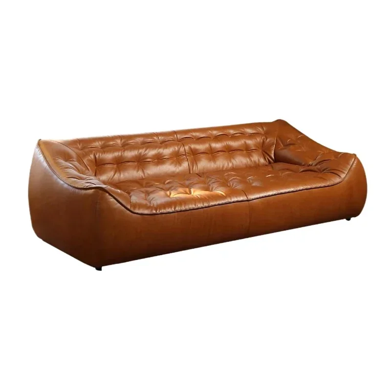 New light luxury retro oil wax leather sofa villa antique sofa living room three people straight row small apartment bean