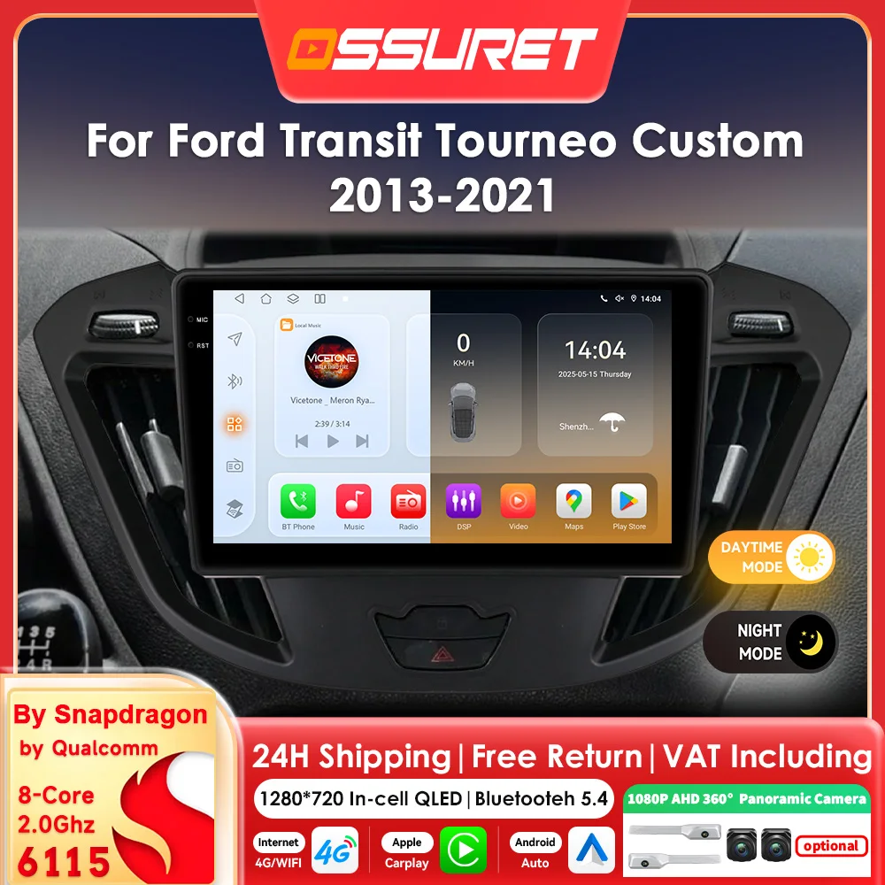 Android 14 Autoradio für Ford Transit Tourneo Custom 2013-2021 6115 8-Kern Carplay Android Auto GPS 360 Kamera Multimedia Player