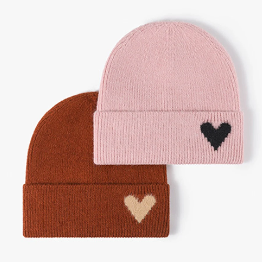 

heart knitting beanies for women autumn winter hats cute skullies solid color winter cap