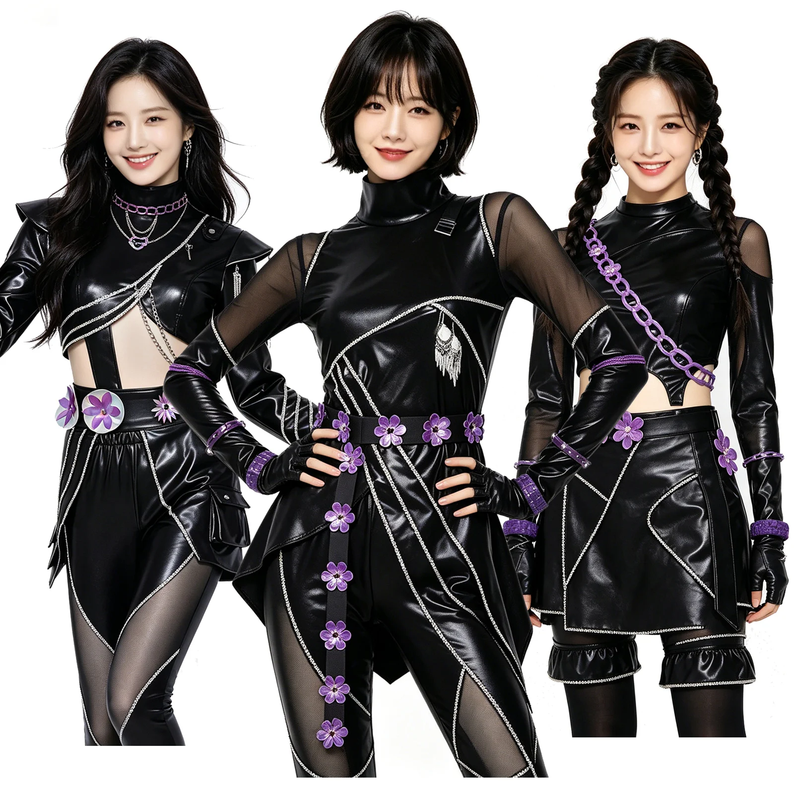 Conjuntos de Ropa Kpop para Mujer, Conjunto de Cuero PU Negro y Morado, Ropa Urbana Cyberpunk Y2K, Disfraz Sexy con Parches de Malla para Actuaciones de Jazz y Danza