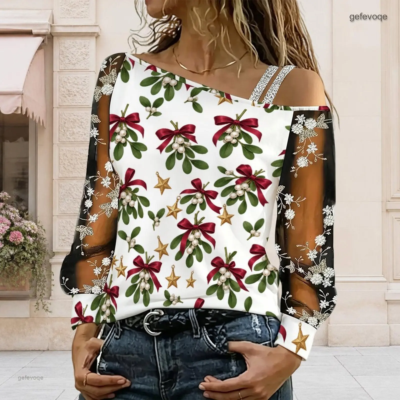 Women Asymmetric Cold Shoulder Long Sleeve Top, Mistletoe Red Bow Gold Star Printed Sheer Embroidered Mesh Sleeves