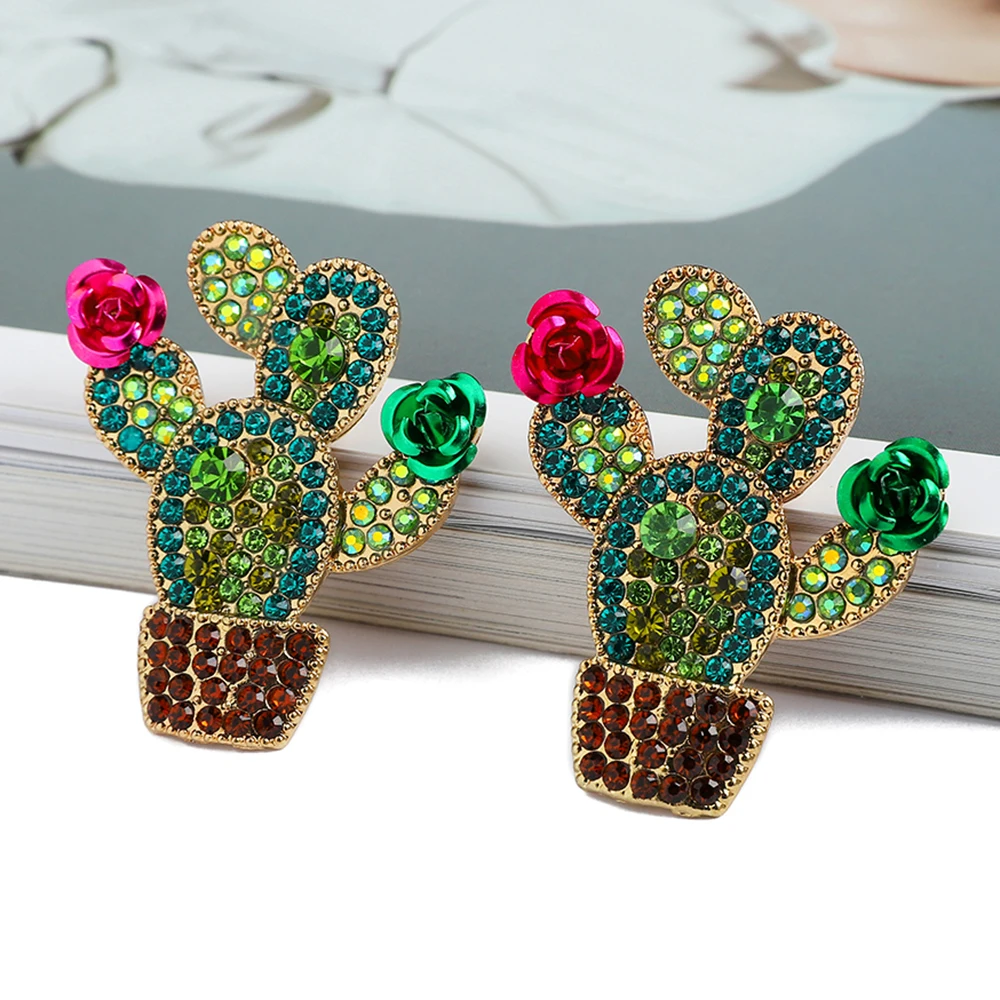 Fashion Cute Cactus Shape Stud Earrings For Women Unique Design Unusual Elegant Ear Accessories Luxury Fine Statement Jewelry