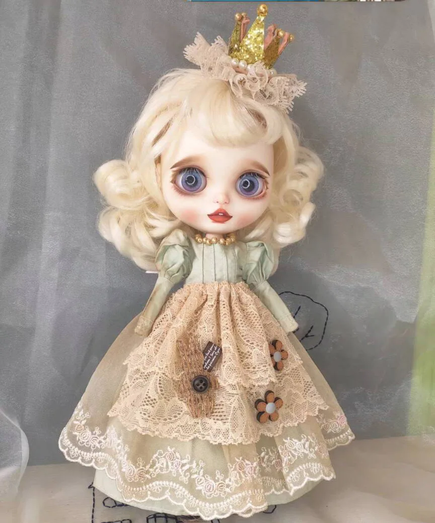 Tea dyed retro princess style 3pcs Blythe doll dress skirt, apron, hair accessories1/6 BJD 30cm for Pullip,Ob22,Ob24, Licca