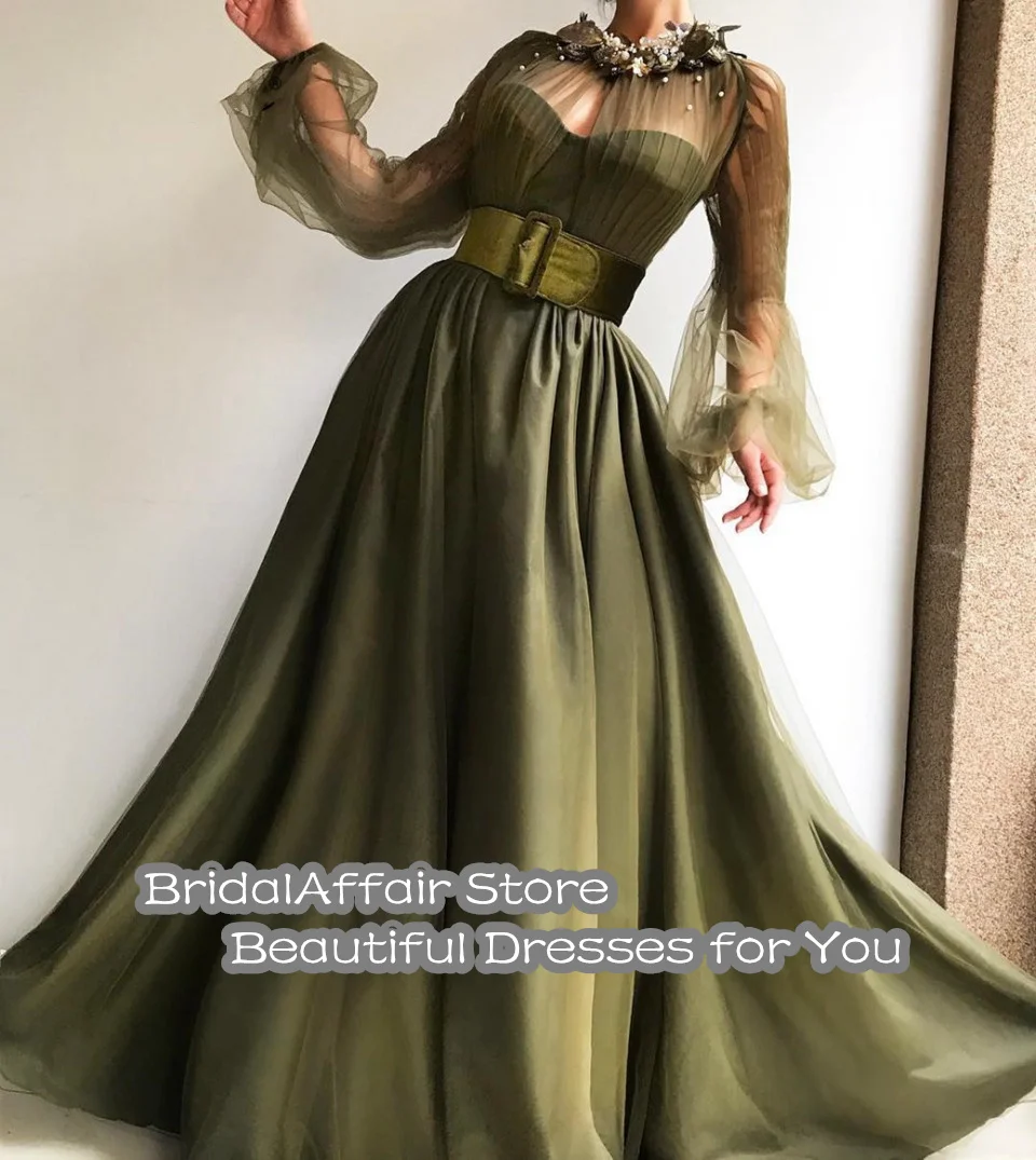 Olive Green Satin Long Prom Dresses 2020 Illusion Formal Party Robe De Soiree Long Sheer Sleeves Beading Vestidos Evening Gowns