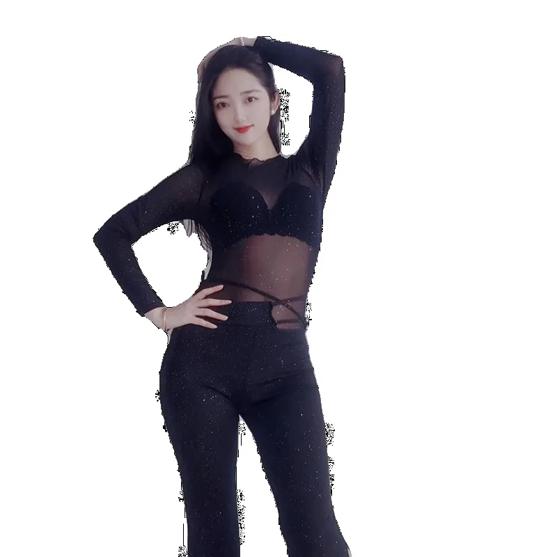 カスタマイズされたベリーダンス衣装シルバージャンプスーツエントリーレベルの基本トレーニングスーツセットプラスサイズの衣装長袖トップ白黒