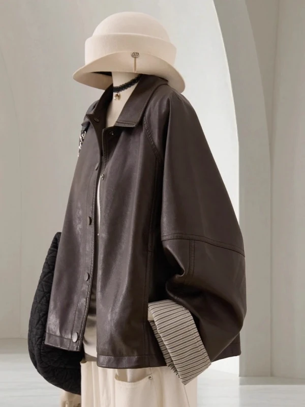 

plus Size PU Leather Jacket Women's Loose Fit Collar Design Autumn Winter Outerwear Korean Style Decorative Button Warmth