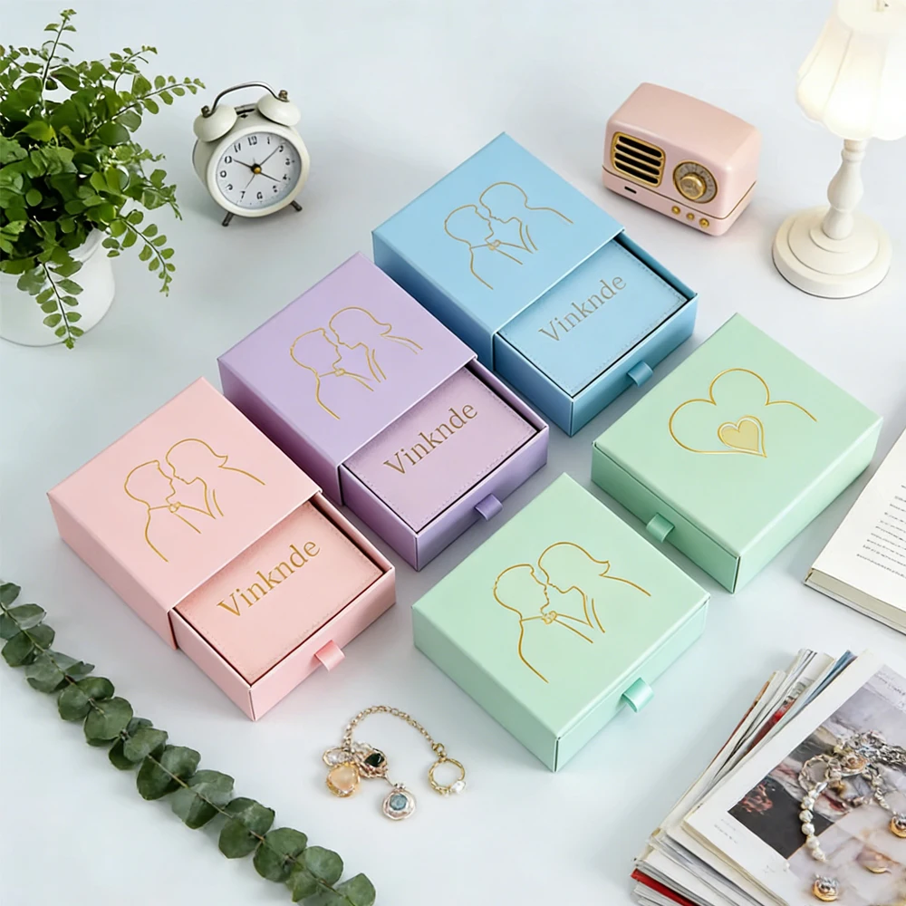 

50-Pack Custom Logo Blue Cardboard Paper Wedding Gift Jewellery Box Drawer Jewelry Packaging Boxes With Suede Envelope Pouch Bag