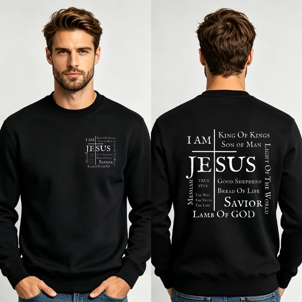 Men Double Sided Print Crewneck Sweatshirt I Am Jesus King of Kings Cross Bible Verse Faith Loose Long Sleeve Pullover Sweat Top