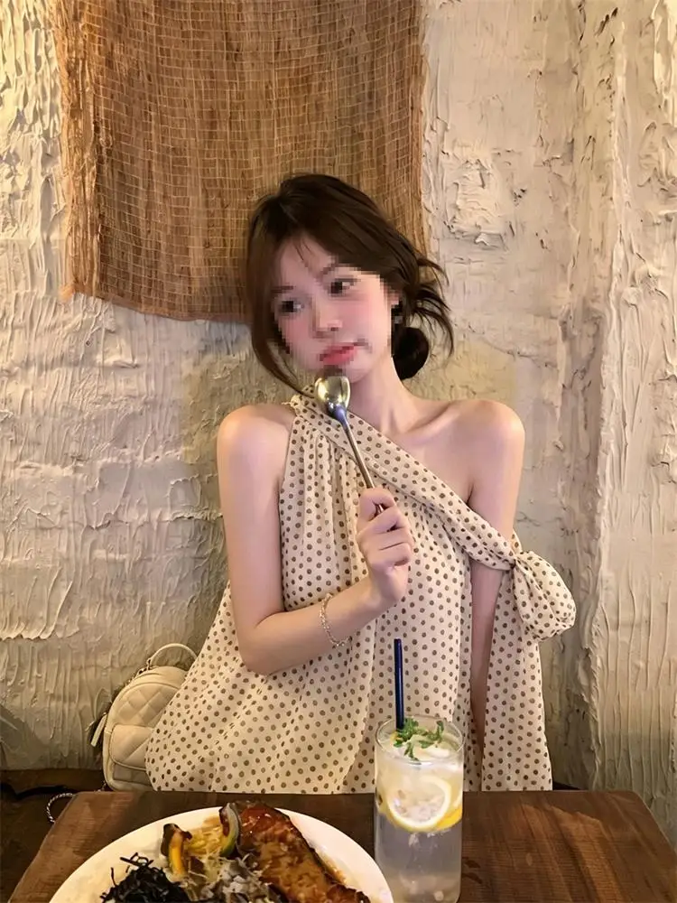 Summer Polka Dot Sleeveless Vest Light Peach Color Draped Shoulder Bow Tie Versatile Top Commute Style Loose Fit Casual Print