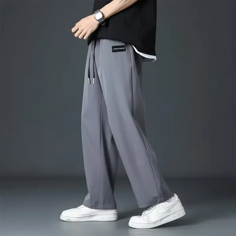 Loose Casual Men Trendy Ice Silk Straight Cylinder Versatile Pants Summer Thin Long Pants Daily Use Elastic Fiber