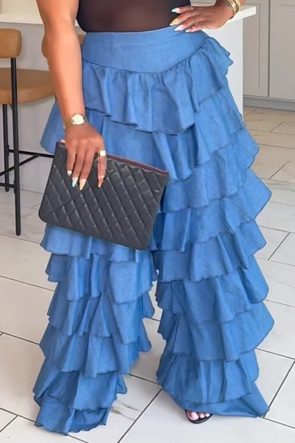 

Plus Size Party Blue Casual Tiered Pocket Hight Waist Denim Jeans