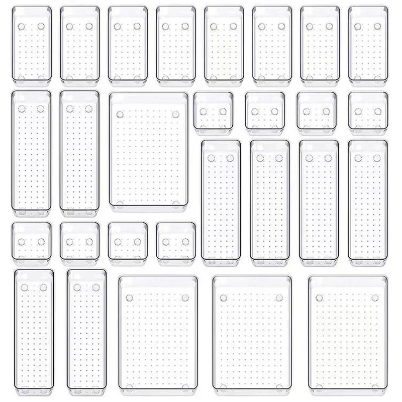 

Набор из 28 прозрачных органайзеров для ящиков, 4 размера, универсальные лотки-органайзеры для ванной и туалетного столика, контейнеры для хранения для спальни и кухни
