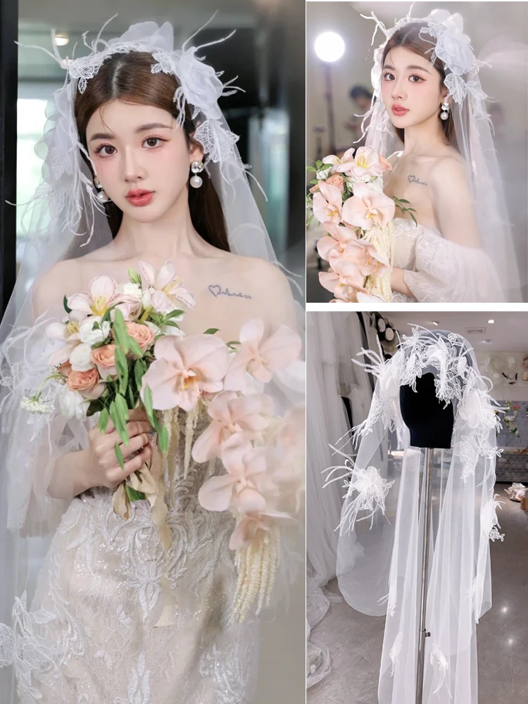 Wedding Veils Tulle Long Bridal Veil Feather Lace Applique Layer Bridal Veil Bridal Party Veils Wedding Accessories