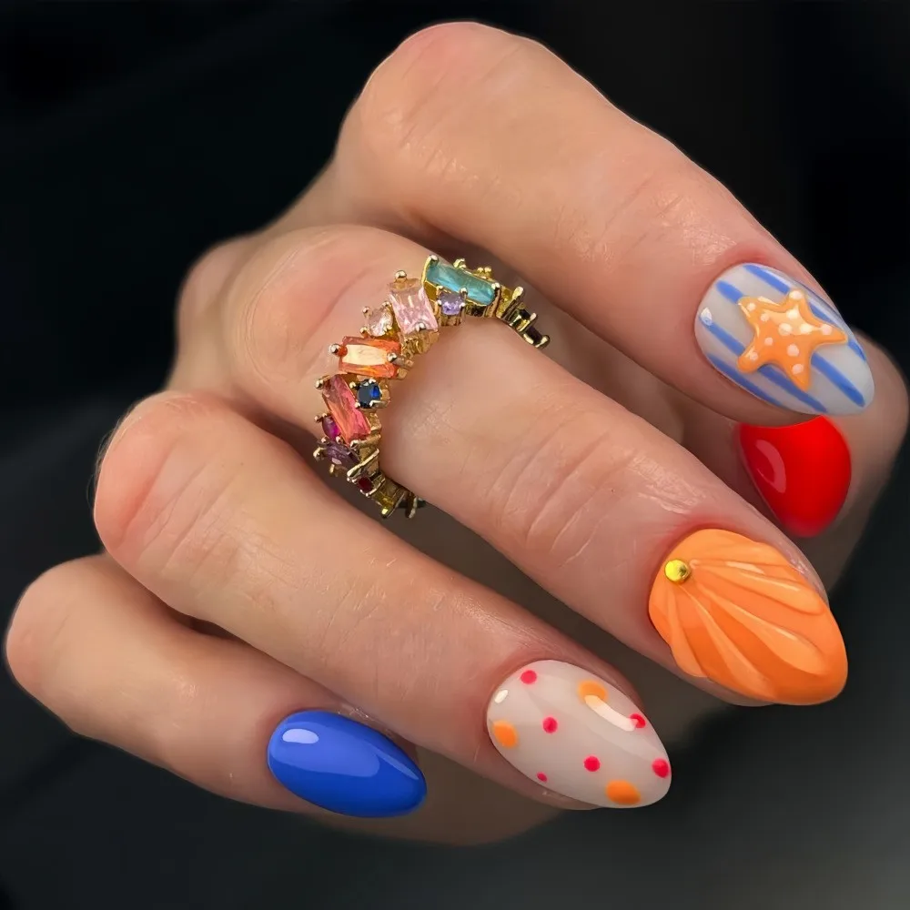3D Carved Seashells Press on Nails with Starfish 3D Colorful Summer Sea Starfish Designs False Nail Patches For Women Fake Nails