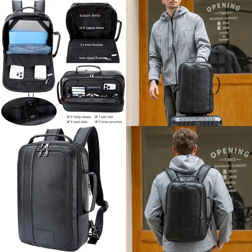 

Расширяемый тонкий кожаный рюкзак для ноутбука 15,6 дюймов для мужчин: деловой и туристический рюкзак черного цвета