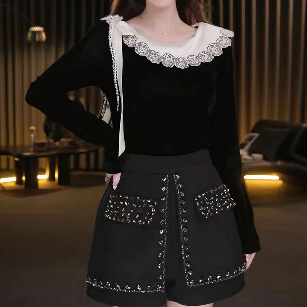 

Korean high-end pearl flower streamer splicing velvet long-sleeved shirt women's 2025 autumn and winter new top