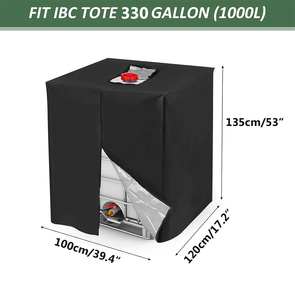 Zipper IBC Tote Cover 330 Gallon for 210D Oxford cloth 1000L Outdoor Water Tank Protective Cover Dust and sun (Black /Green）