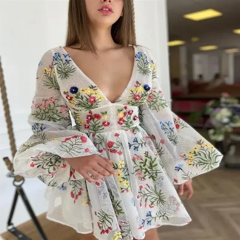 

Summer Gauze Embroidery Lantern Sleeves Slim Abayas Women's Dress Women's Elegant Temperament Birthday Party Princess Dresses