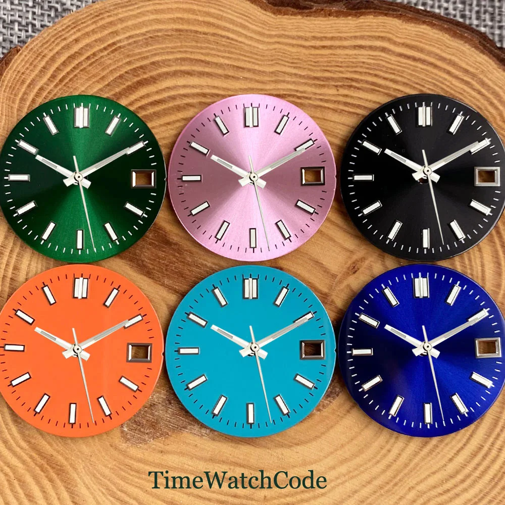 

29mm Enamel Watch Dial Face Accessories Fit NH35 NH36 NH38 Automatic Movement Sunburst Finish Green Luminous Watches Hands Date