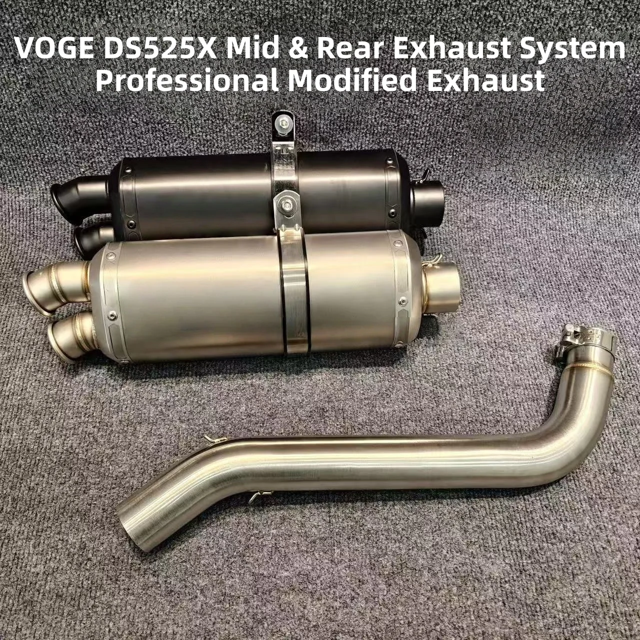 Motorcycle exhaust system, fits VOGE DS525X, stainless steel mid and rear exhaust. Laser engraved logo or sticker logo optional