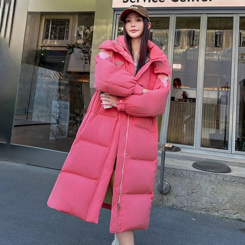 レディースロング厚手ダウンコート 2025年春新作 ファッションカラーブロック フード付き暖かいダックフェザージャケット カジュアル