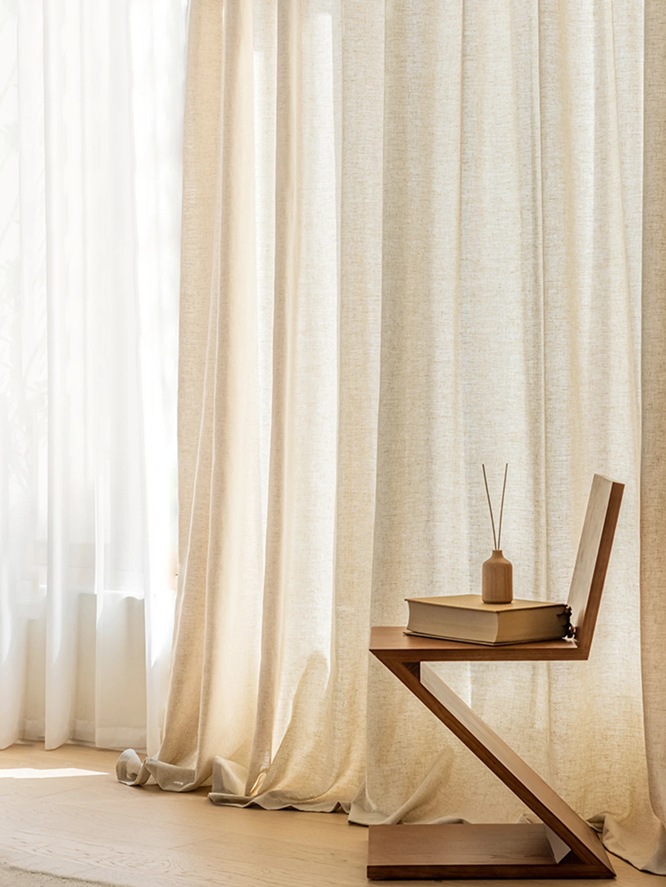 Korean pastoral style Japanese linen semi-shading curtain beige solid color linen curtain gauze curtain living room bedroom comm