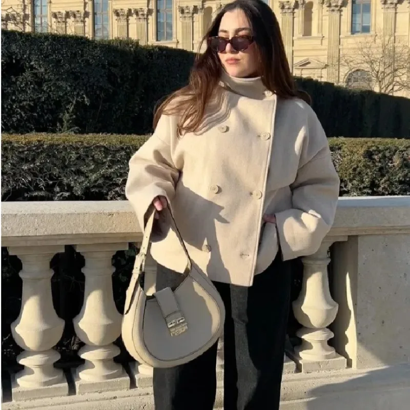 

Осенне-зимнее пальто с воротником-стойкой, новое однотонное двубортное короткое пальто с воротником-стойкой, простое