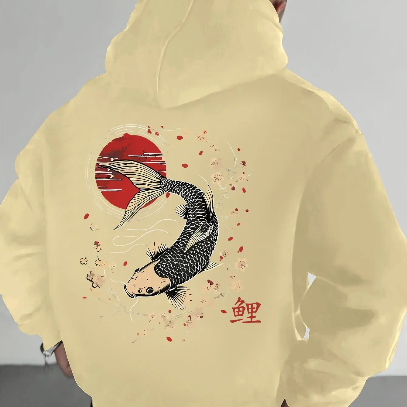Men's Pullover Hoodie with Japanese Koi, Cherry Blossom and Chinese Character (koi) Design, Loose-fitting Casual Sweatshirt.