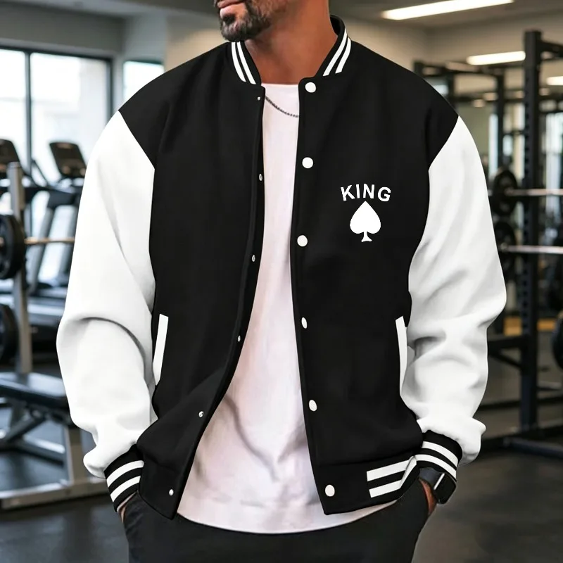 Men Loose Sports Baseball Jacket For Spring  Sleeve Ribbed Cuff Chest Black Spade Print Button Front Outer Coat S-3XL