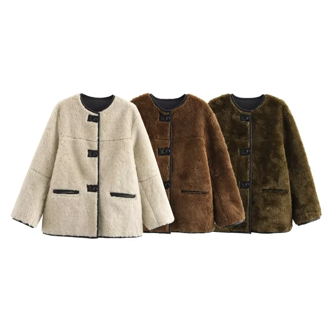 

TRAF 2024 Winter New Women's Wear Simple and Versatile Fur Integrated Round Neck Long Sleeve Plush Coat