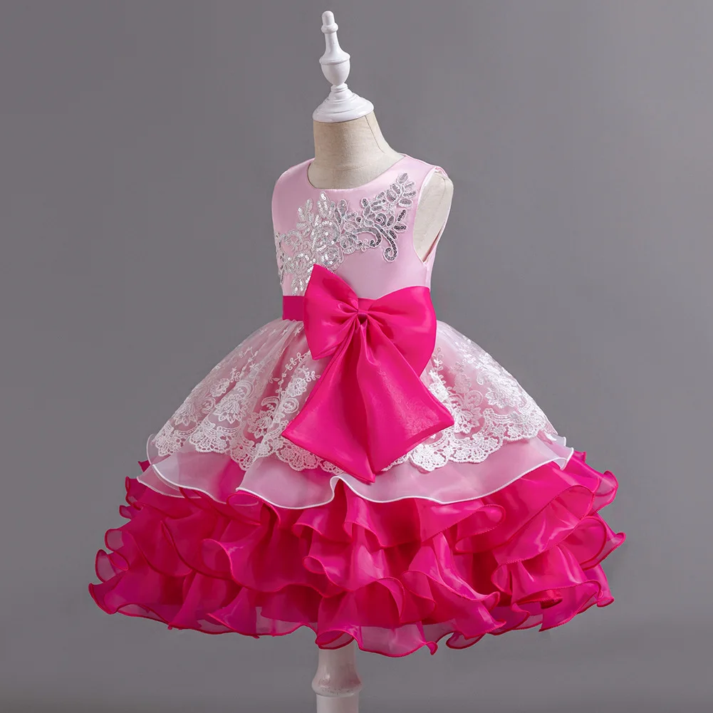 Bow Front Formal Princess Dress For Girls, Contrast Color Fluffy Gown Wedding Party Performance Outfit