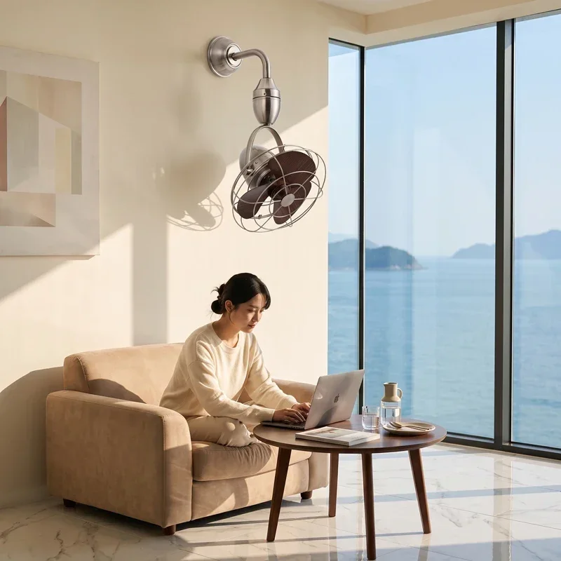 12-inch oscillating ceiling fan with remote control, wall-mountable, suitable for indoor bedrooms and kitchens.