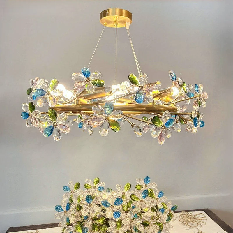 

French Colored Crystal Flower Pendant Light Living Room Dining Room Bedroom Daughter's Room Low Floor Light Ceiling Chandelier