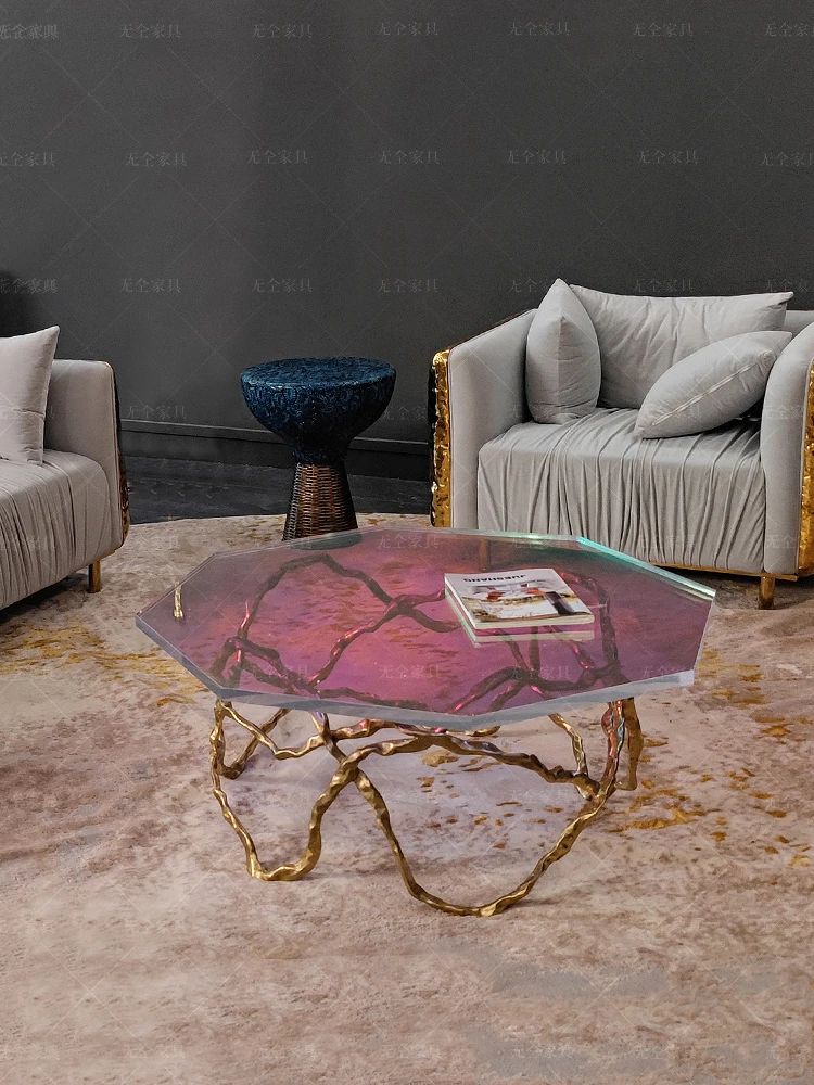 Light luxury simple modern dazzling acrylic transparent tea table pure copper carving art creative living room home tea table