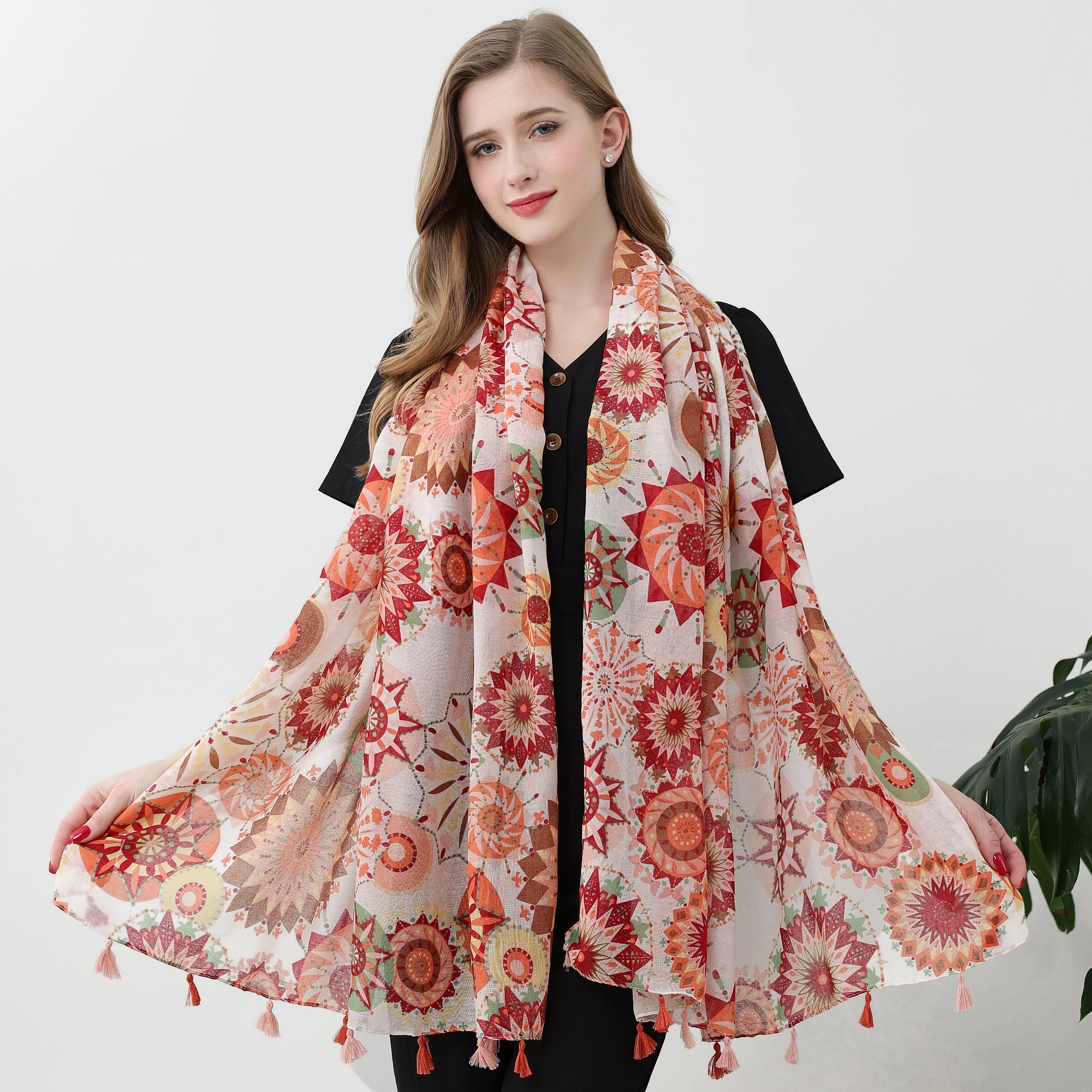 1 pc Vibrant Cherry Blossom and Meadow Satin Print Long Scarf, Essential for Sun Protection & Warmth，Stylish Accessory for Beach