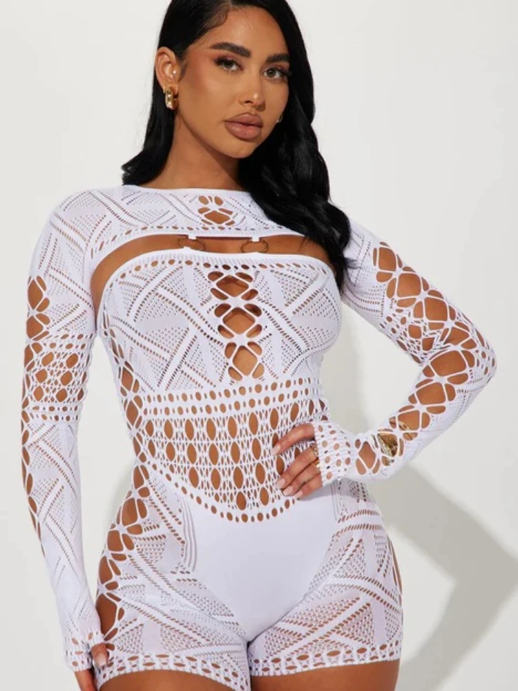 Sexy See Through Mesh Playsuit Women Rompers Long Sleeve Hollow Out Skinny Night Club Outfit One Pieces Jumpsuit Shorts Bodysuit