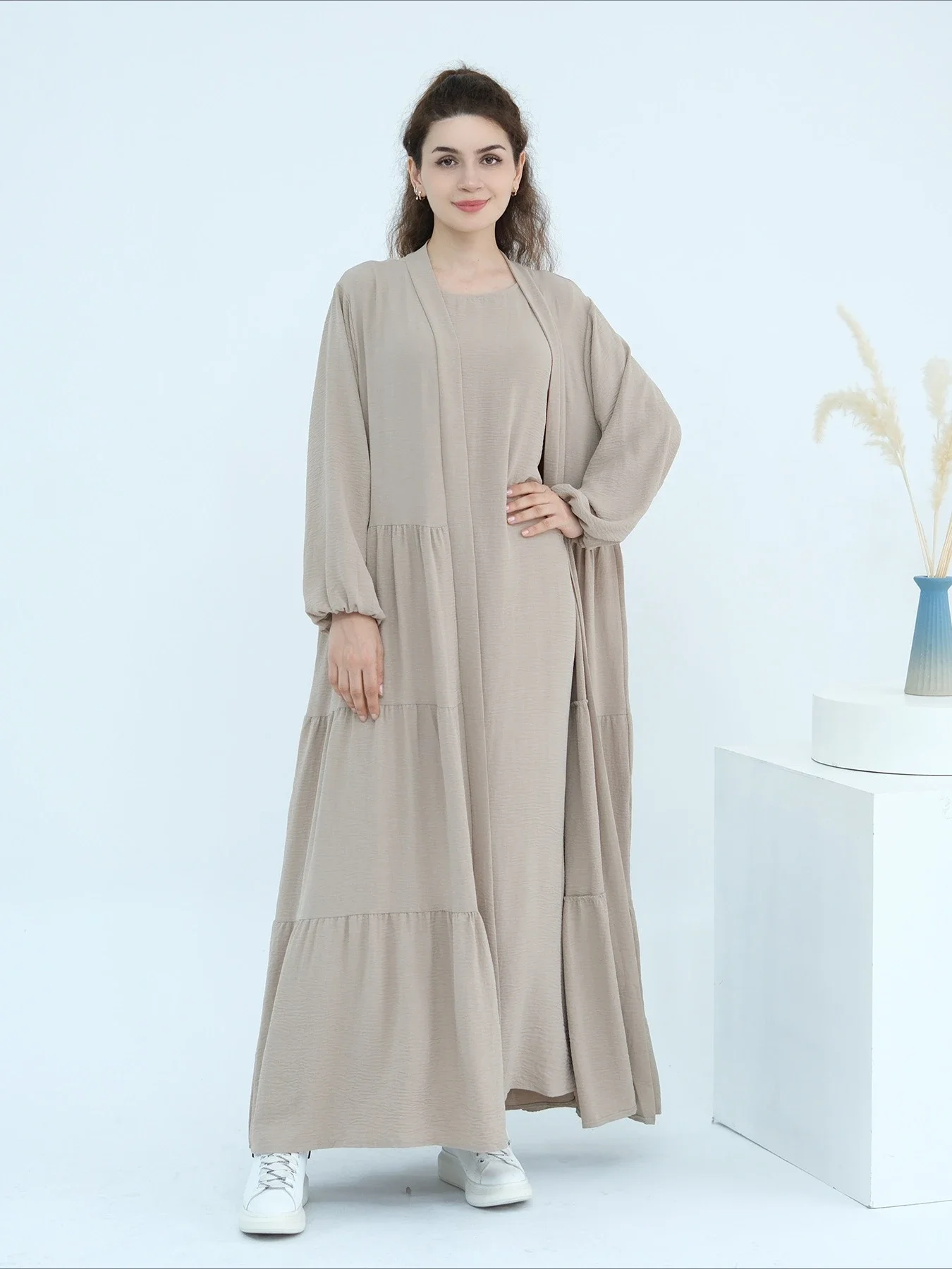 

Мусульманский женский комплект из 2 предметов: платье-абайя с кружевной отделкой, длинное платье для Рамадана, праздничный кафтан, джалабия, длинный халат 2026