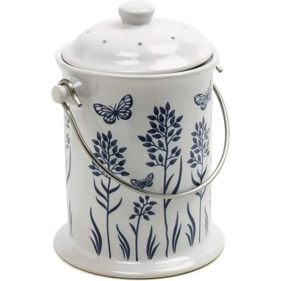 

Ceramic Compost Bin With Lid And Handle, Butterfly Plant Pattern, 9L Capacity