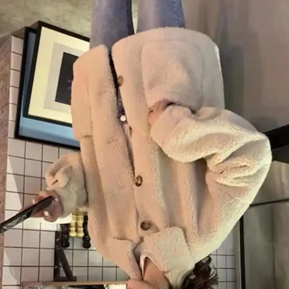 

Lady Winter Coat Turn-down Collar with Pockets Thick Fleece Single-breasted Loose Solid Color Long Sleeves Daily Outdoor Jacket