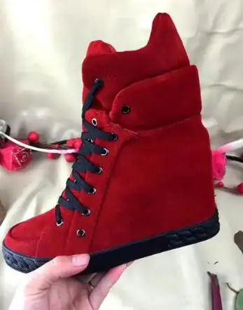 Fashion Women Black Red Cow Suede Real Leather Inner Wedges Ankle Boots Round Toe Lace Up Outdoor Leisure Sneakers Shoes Lady