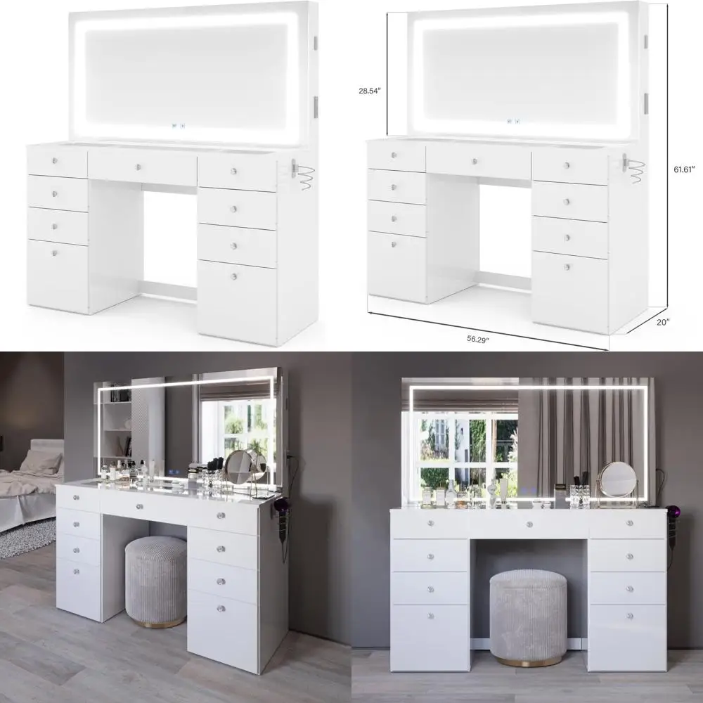 Mesa de Maquiagem com Espelho LED, Caixas de Som Bluetooth, Portas de Carregamento e Tomada de Energia