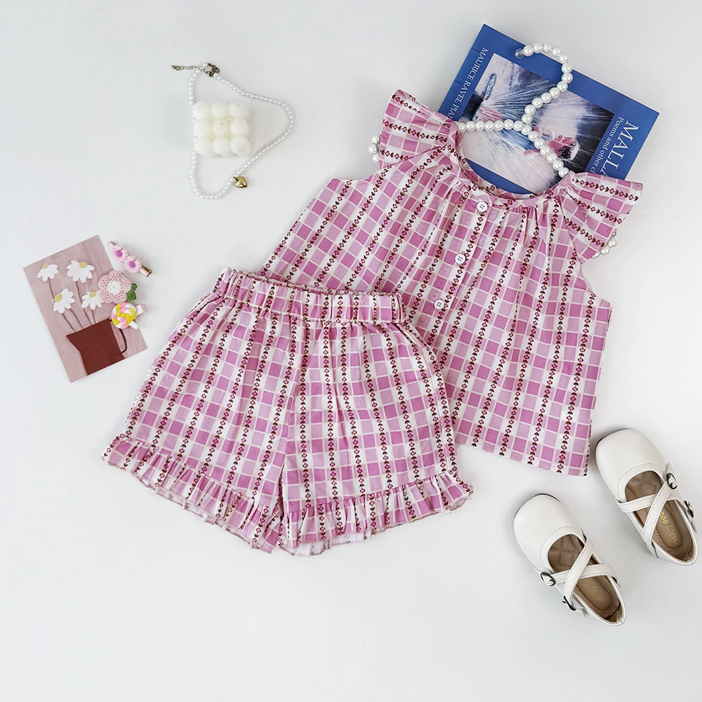 Sommermode-Set für Mädchen, Kinder-Blumendruck, fliegende Ärmel, Top + Shorts, zweiteiliges, süßes, erfrischendes Set für kleine Mädchen – Detail 3