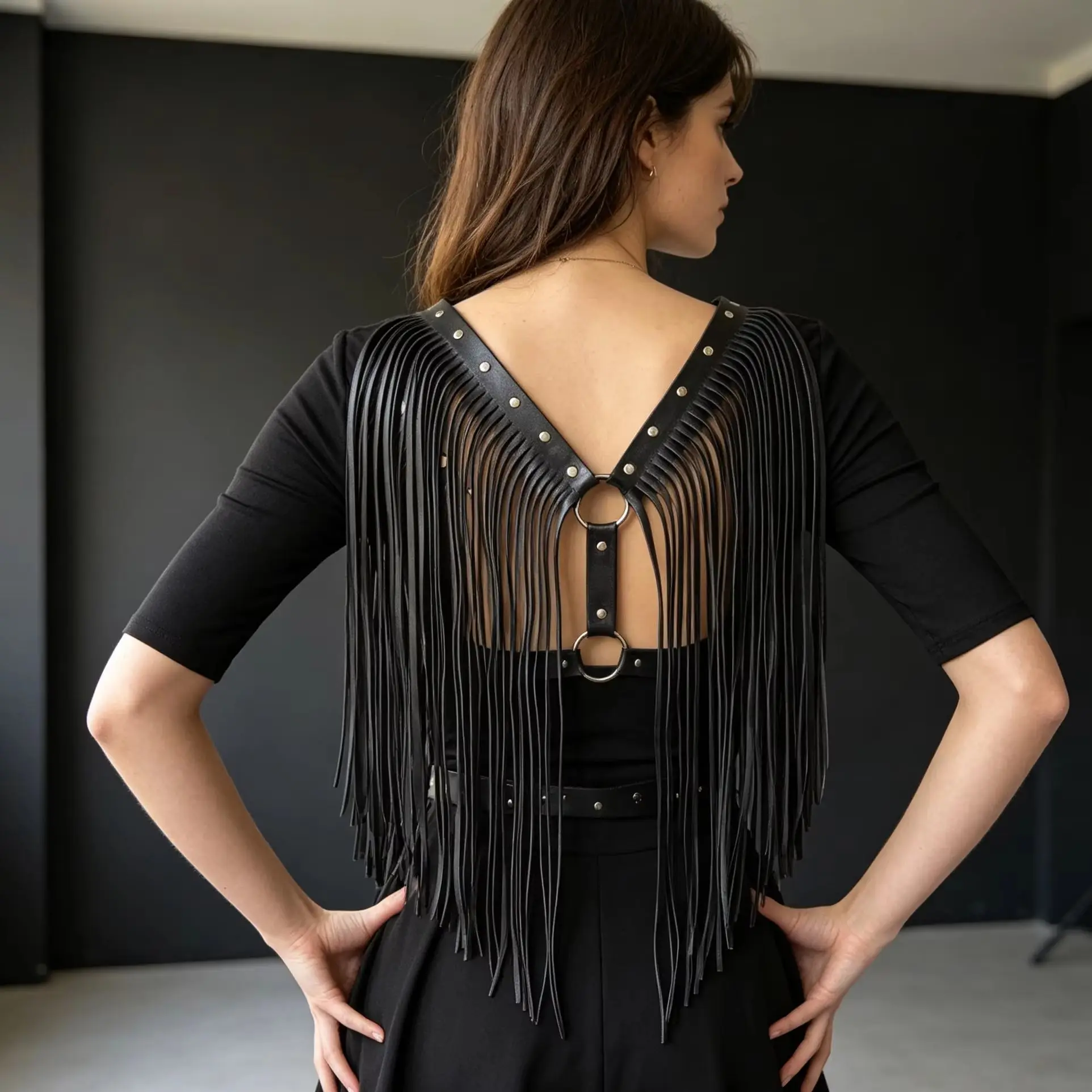 Stylish Black Faux‑Leather Long Fringe Shoulder Harness Multi‑Strap Binding Design Adjustable O‑Ring Back Closure Cosplay Prop
